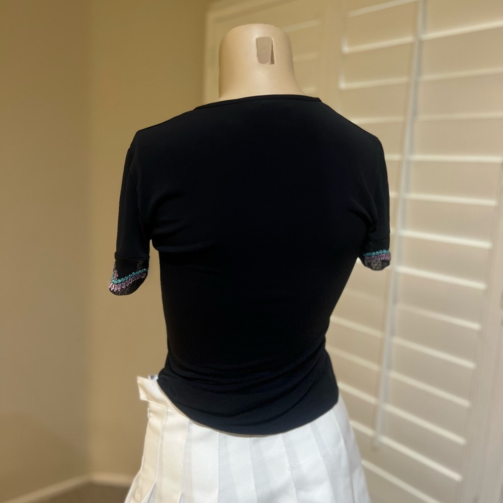 Versace Black Jersey knit Stretch Fitted Embellish Short Sleeve Blouse Top  sz S - Picture 5 of 11
